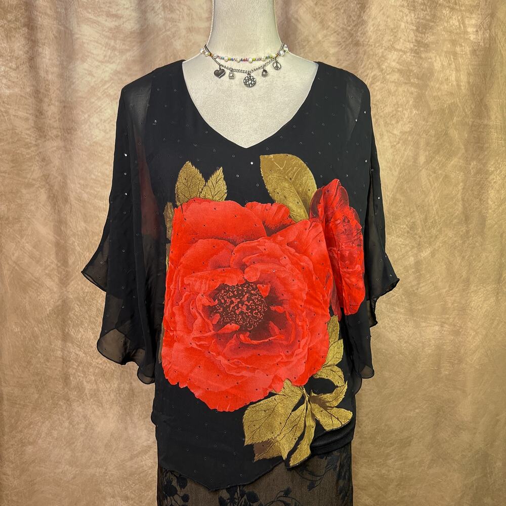 Floral Chiffon Blouse Butterfly Sleeve Poncho Sheer Mesh V Neck Whimsigoth Y2K